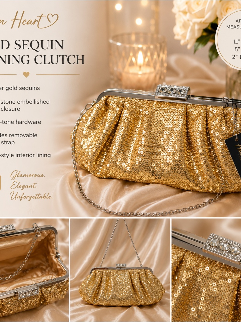 Helen Heart Gold Sequin Evening Clutch Bag NWT Glam Rhinestone Clasp - Picture 9 of 9